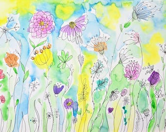 Pintura original de flores silvestres en acuarela / Arte botánico en pastel suave (15 x 11 pulgadas)
