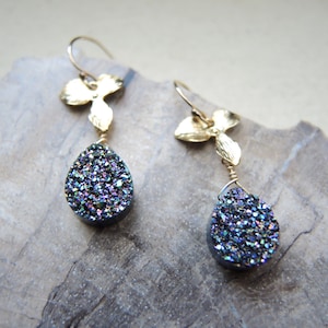 Peacock Druzy Earrings, Gold Jewelry, 14K Gold Filled Earrings, Druzy Stone Earrings, Druzy Jewelry Gifts For Her, Orchid Earrings