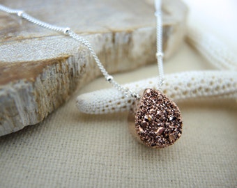 Druzy Necklace, Chalcedony Druzy Titanium Coated Jewelry, Sterling Silver Necklace, Rose Gold Necklace, Rose Gold Druzy Jewelry Gift For Her