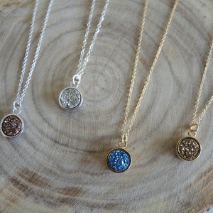 Druzy Necklace: 18K Gold Vermeil & Sterling Silver Round Bezel Pendant, Agate Druzy Titanium Coated 8mm