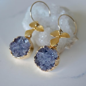 Stardust Purple Druzy Earrings: Gold Orchid Flower, 14K Gold Filled Hooks