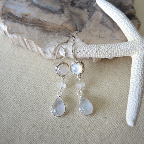 Moonstone Earrings, Mother Of Pearl Earrings, Sterling Silver Bezel Earrings, Moonstone Jewelry Gifts For Her, Mother Of Pearl Jewelry,