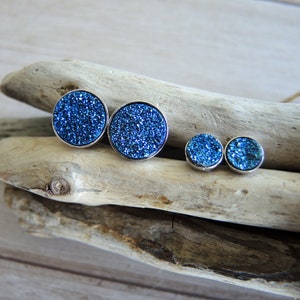 Blue Druzy Silver Studs: Sterling Silver Bezel Stud Earrings, Round 6mm & 10mm
