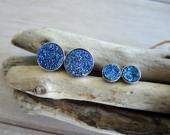 Blue Druzy Studs: Sterling Silver Bezel Stud Earrings, Chalcedony Druzy Titanium Coated Round 6mm & 10mm