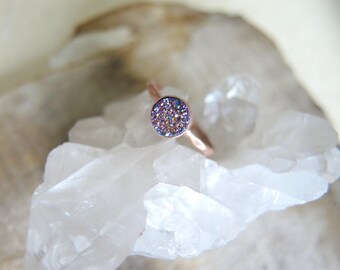 Druzy Ring: 18K Rose Gold Vermeil Bezel Ring, Chalcedony Druzy Titanium Coated Peacock 6mm