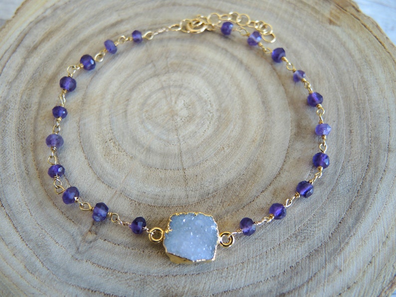 Druzy Jewelry Gifts For Her Gold Bracelet White Druzy Bracelet Amethyst Bracelet Dark Purple February Birthstone Amethyst Jewelry