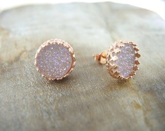 Rose Gold Druzy Studs, Druzy Earrings, Rose Gold Studs, Rose Gold Jewelry, Crown Bezel Stud Earrings, Natural Druzy Jewelry Gifts For Her