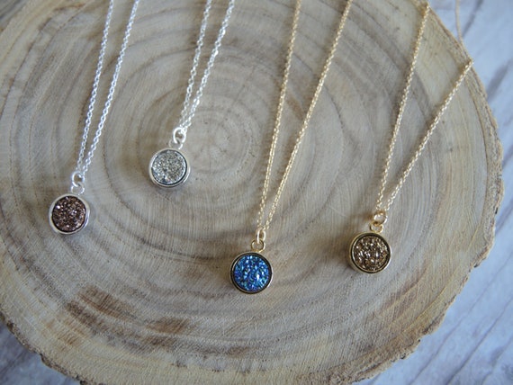 Druzy Necklace: 18K Gold Vermeil & Sterling Silver Round Bezel Pendant, Agate Druzy Titanium Coated 8mm