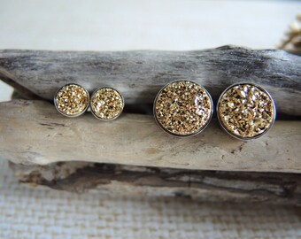 Gold Druzy Stud Earrings: Sterling Silver Bezel, Chalcedony Druzy Titanium Coated (6mm / 10mm)