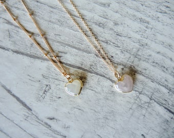 Heart Pendant Necklace, Rose Quartz Necklace, Mother Of Pearl Necklace, Gold Necklace, Valentines Gifts, Jewelry Gifts For Her, Gem Stones