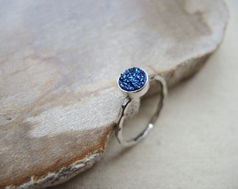 Blue Druzy Ring, Sterling Silver Bezel Ring, Druzy Stone Ring, Silver Ring, Midnight Blue Druzy Ring, Druzy Jewelry Gifts For Her,Gifts