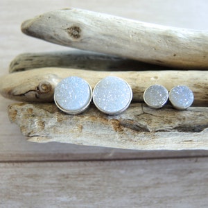 Mystic White Druzy Stud Earrings: Sterling Silver Bezel, 6mm/10mm