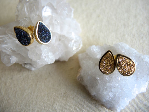 Blue Druzy Studs, Druzy Earrings, Agate Druzy Stud Earrings, 18K Gold Vermeil Stud Earrings, Druzy Stone Earring, Druzy Jewelry Gift for Her