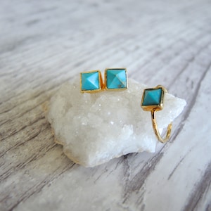 Turquoise Pyramid Stud Earrings & Ring: 18K Gold Vermeil Jewelry Set