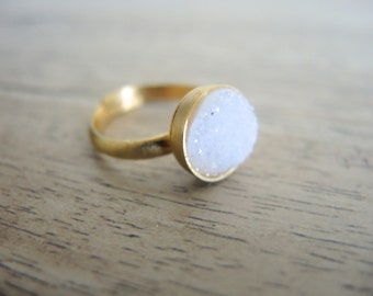 Natural Druzy Ring, White Druzy Ring, 18K Gold Vermeil Bezel Ring, Druzy Stone Ring, Gold Ring, Druzy Jewelry Gifts For Her, Adjustable Ring