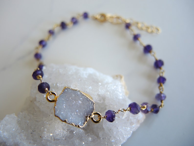 Druzy Jewelry Gifts For Her Gold Bracelet White Druzy Bracelet Amethyst Bracelet Dark Purple February Birthstone Amethyst Jewelry