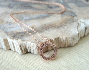 Rose Gold Necklace, Sterling Silver Necklace, Silver Hoop Ring Necklace, Cubic Zirconia, 16K Rose Gold Vermeil Hoop Ring, Gifts For Her