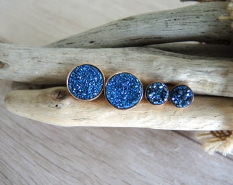 Druzy Stud Earrings: 18K Rose Gold Vermeil Bezel Stud Earrings, Chalcedony Druzy Titanium Coated Blue 6mm & 10mm