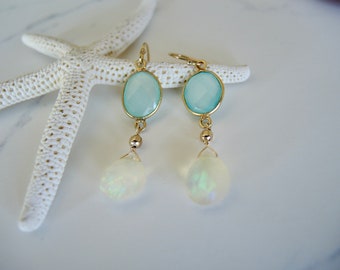 Opal Earrings, Opal Jewelry, Sea Blue Chalcedony Earrings, Gold Bezel Earrings, Jewelry Gift For Her, Drop Earrings, Fluorescent Color Opal