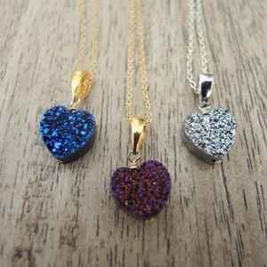 Druzy Heart Pendant Necklace: 14K Gold Filled, Sterling Silver, Chalcedony Druzy Titanium Coated