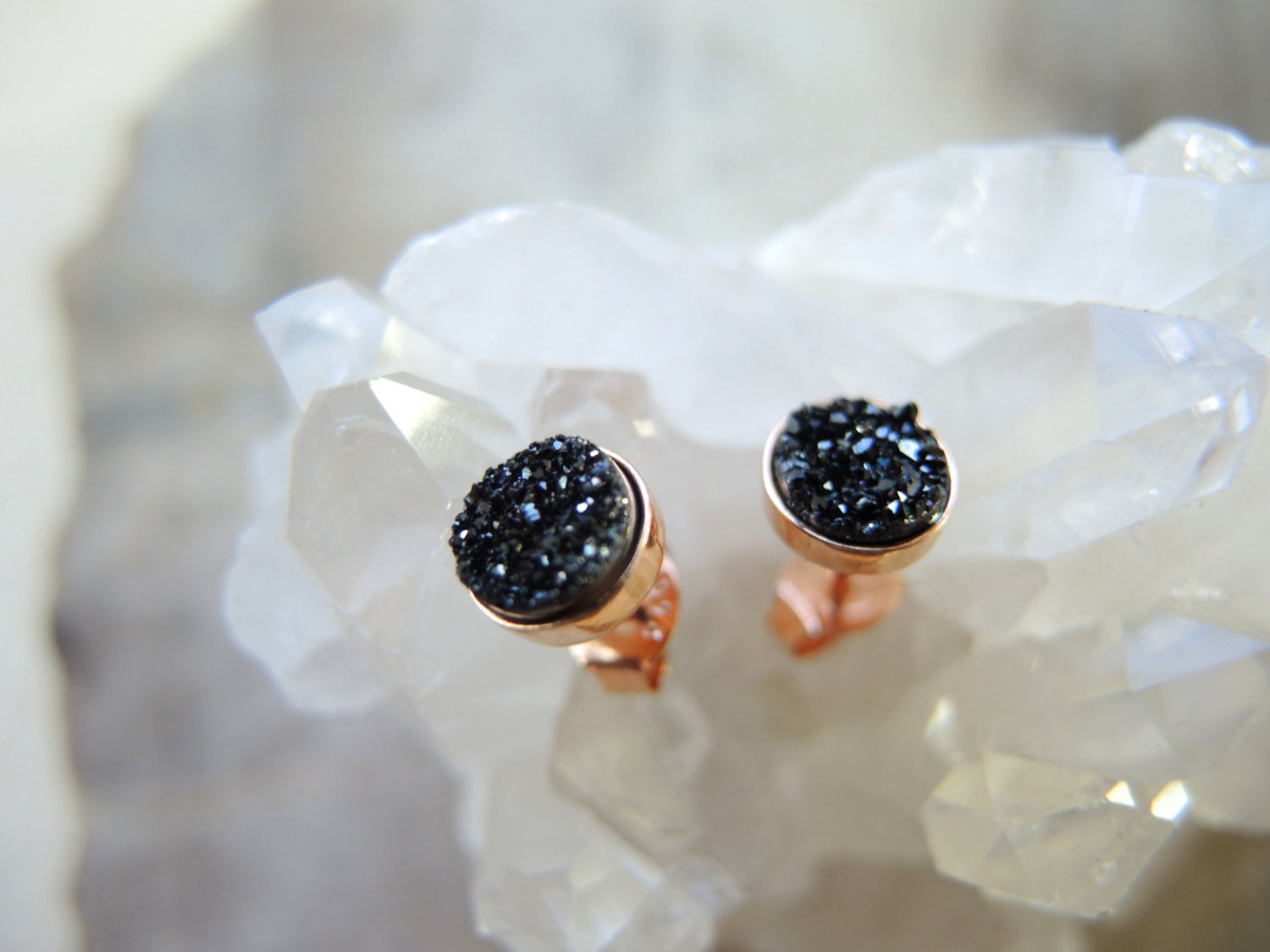 Black Druzy Studs: 18K Rose Gold Vermeil Earrings