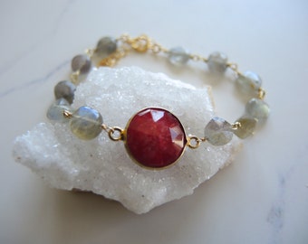 Ruby Bracelet, Labradorite Bracelet, Ruby Jewelry, Labradorite Jewelry, 14K Gold Filled Bracelet, Gem Stone Bracelet, Jewelry Gifts For Her