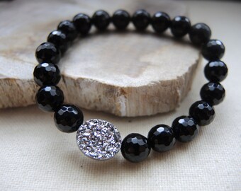 Black Onyx Bracelet: Elastic Bracelet, Chalcedony Druzy Titanium Coated Silver & Blue, Gemstone Jewelry