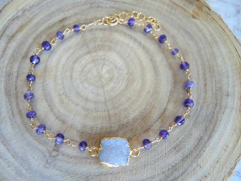 Druzy Jewelry Gifts For Her Gold Bracelet White Druzy Bracelet Amethyst Bracelet Dark Purple February Birthstone Amethyst Jewelry