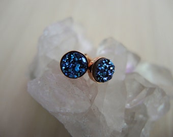 Druzy Studs: 18K Rose Gold Vermeil Bezel Stud Earrings, Chalcedony Druzy Titanium Coated Blue Green Round 6mm