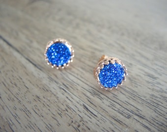 15% OFF SALE, Midnight Blue Druzy Studs, Druzy Earrings, Rose Gold Studs, Crown Bezel Stud Earrings, Druzy Jewelry Gifts For Her