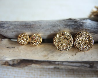 Gold Druzy Studs: 18K Vermeil Chalcedony Earrings (6mm & 10mm)