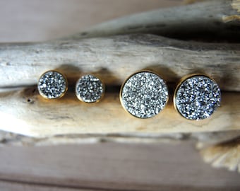 Druzy Stud Earrings: 18K Gold Vermeil Bezel Studs, Chalcedony Druzy Titanium Coated Round Silver 6mm & 10mm