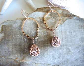 Rose Gold Druzy Earrings, Pear Shape Rose Gold Druzy Earrings, Rose Gold Earrings, Druzy Jewelry Gifts For Her, Druzy Circle Drop Earrings