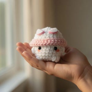May include: A small, white crocheted mushroom with a pink band and small pink accents is held in a hand. The mushroom has black eyes and small, rosy cheeks. The handmade item is a whimsical, soft toy.