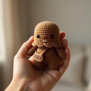 Op de afbeelding: Een handgemaakte gehaakte pop in bruintinten, vastgehouden in een hand. De pop heeft een afgeronde kop, kleine zwarte ogen en een decoratieve kraag. Het heeft een kleine, bevestigde tas en is een charmant, handgemaakt item.