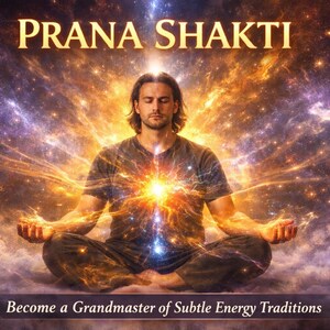 May include: Image with the text "PRANA SHAKTI" above a person meditating. The person is in a lotus position, with a bright light emanating from their chest. The background is a cosmic scene with swirling colors.