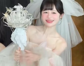 Luxury Handmade Bridal Crystal Wand Bouquet, Silver Crown Wedding Scepter, Bridal Accessory for Photoshoot