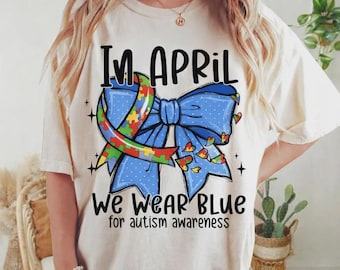 Autism Awareness PNG, In April We Wear Blue, Coquette Bow Design (Digital Download)