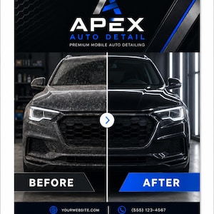 以下が含まれることがあります： Apex Auto Detailの広告で、車のディテーリングのビフォーアフター比較を示しています。上部には会社のロゴとスローガンがあります。下半分には、汚れた車と、きれいで光沢のある車が並んでいます。「Before」と「After」の文字が含まれています。