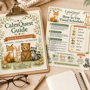 May include: Two printed guides on a wooden surface. One is a clipboard with the title "CalmQuest Guide" and illustrations of a fox, rabbit, bear, and raccoon. The other guide is titled "How to Use Visual Schedules" with a fox and rabbit illustration.