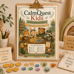 Può includere: Un appunti di legno con una clip dorata contiene un kit del sistema di ricompensa "CalmQuest Kids". Il kit include un blocco di legno con il testo "Little Steps Big Progress", un piccolo sacchetto con il testo "You're Doing Great!" e monete e gemme di legno.