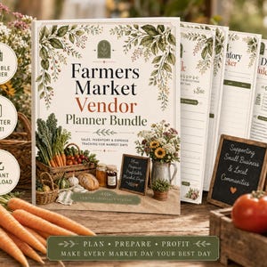 May include: A Farmers Market Vendor Planner Bundle with a floral design. The cover reads "Farmers Market Vendor Planner Bundle" with text for sales, inventory, and expense tracking. Includes printable planner pages, US Letter 8.5 x 11 size.