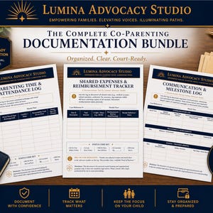 May include: The Complete Co-Parenting Documentation Bundle includes three pages: a Parenting Time & Attendance Log, Shared Expenses & Reimbursement Tracker, and Communication & Milestone Log. The documents are organized, clear, and court-ready.