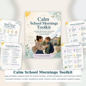 Pode incluir: Um "Kit de Ferramentas Manhãs Calmas na Escola" imprimível para pais e filhos. Inclui uma escala de ansiedade pré-escolar, um menu de habilidades de enfrentamento, cartões de roteiro para pais e cartões de respiração calma. Ajuda com a ansiedade escolar.
