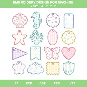 Paquete de archivos de bordado para etiquetas de bolsos ITH, diseño de bordado a máquina para etiquetas de nombres en tonos pastel, conjunto de apliques de conchas, caballitos de mar y nubes.
