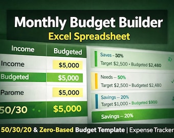 Monthly Budget Builder Excel Spreadsheet | 50/30/20 & Zero Based Budget Template | Expense Tracker