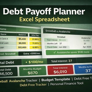 May include: A digital Debt Payoff Planner Excel Spreadsheet. The spreadsheet displays debt information, including debt name, balance, and interest rates. It compares the snowball and avalanche methods, showing total interest and months to freedom.