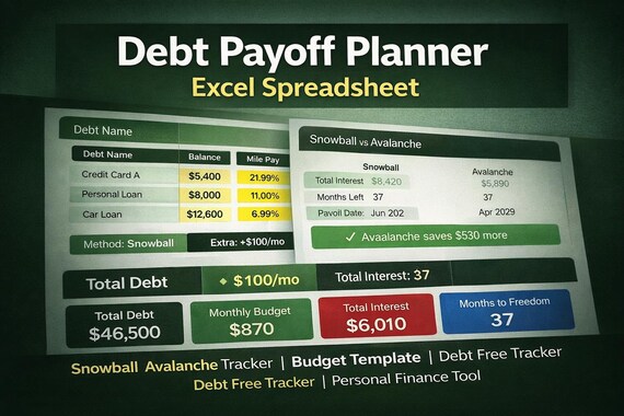 Debt Payoff Planner Excel Spreadsheet | Snowball Avalanche Tracker | Budget Template | Debt Free Tracker | Personal Finance Tool
