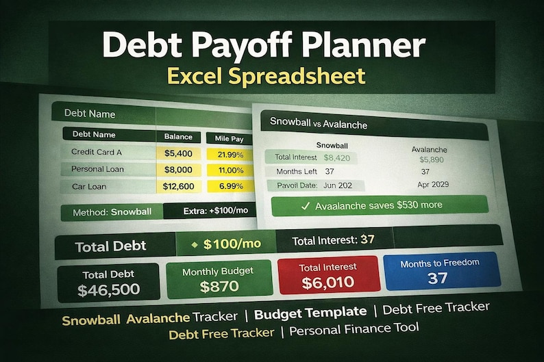May include: A digital Debt Payoff Planner Excel Spreadsheet. The spreadsheet displays debt information, including debt name, balance, and interest rates. It compares the snowball and avalanche methods, showing total interest and months to freedom.