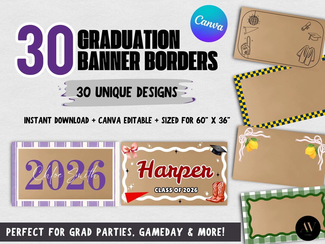 30 Graduation Banner Borders Canva Template, Editable Grad Party Banner ...